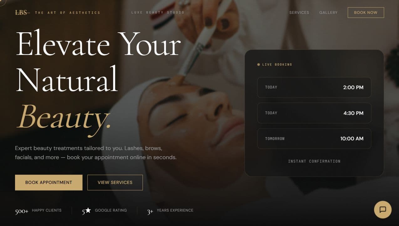 Luxe Beauty Studio hero section screenshot