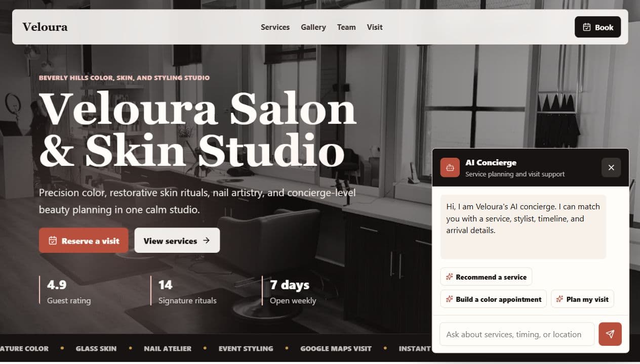 Veloura Salon and Skin Studio hero section screenshot