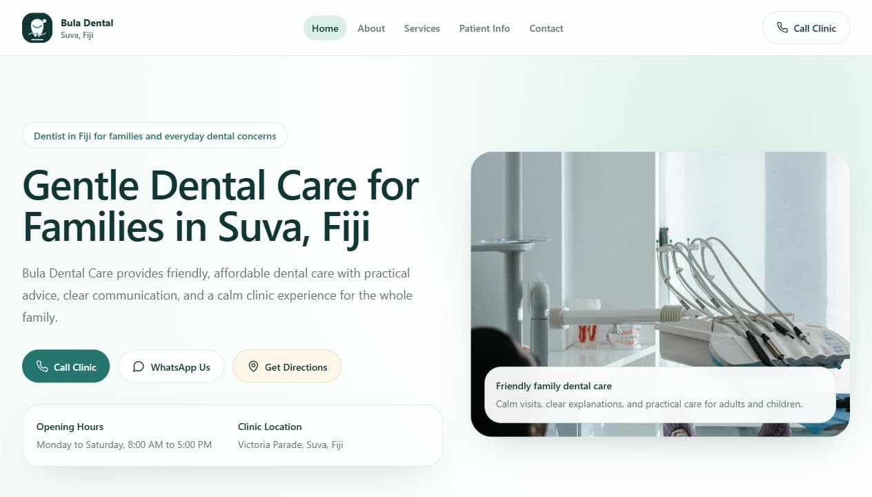 Bula Dental Care hero section screenshot