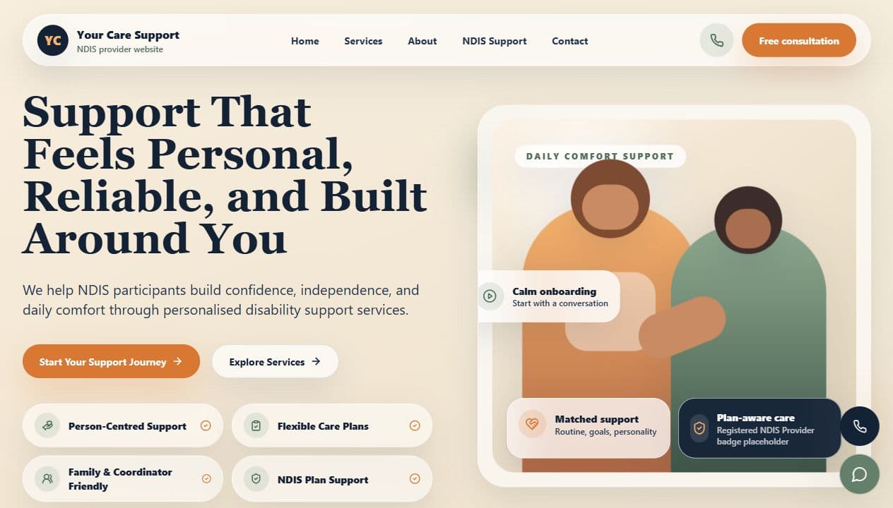 Your Care Support hero section screenshot