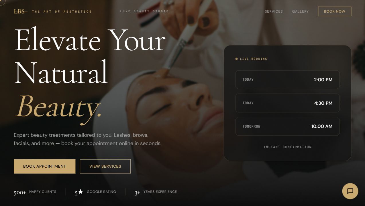 Luxe Beauty Studio hero section screenshot