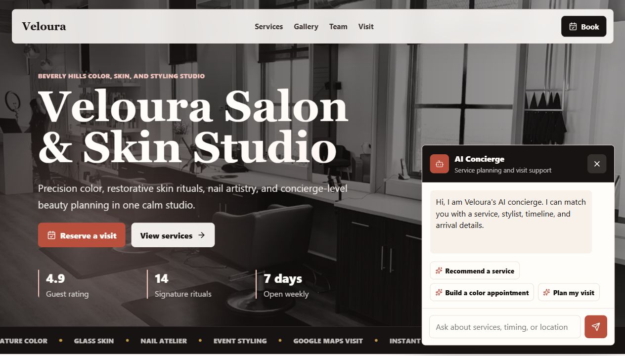 Veloura Salon and Skin Studio hero section screenshot